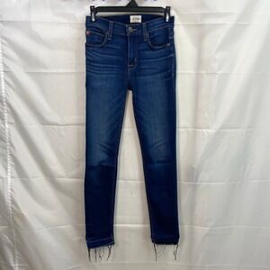 Hudson women's blue dark medium wash‎ distressed hem skinny stretch jeans casual